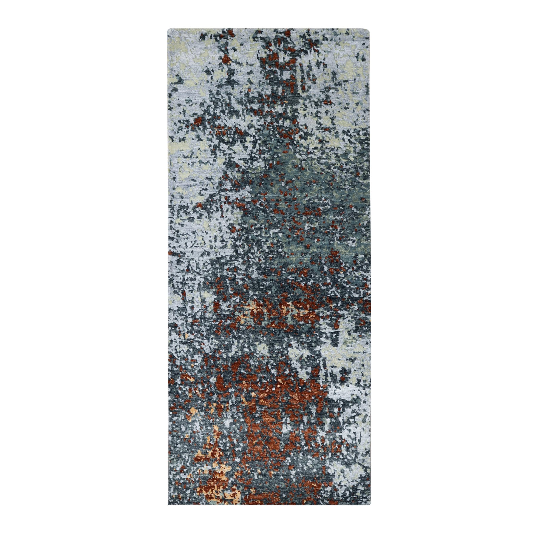 Charcoal Gray with Rust, 100% Wool, Hand Knotted, Persian Knot, Abstract with Galaxy Design, Densely Woven, Narrow Runner, Oriental Rug